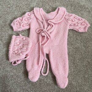 Pink baby girl knit set with matching bonnet